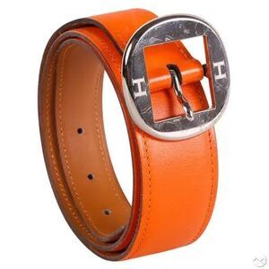 Hermes Orange Leather Belt with Silver Buckle, Size 82